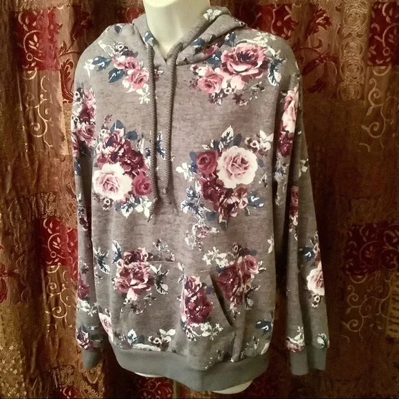 Bebop pullover Hoodie size Large grey floral with kangaroo pocket NEW - Picture 2 of 6